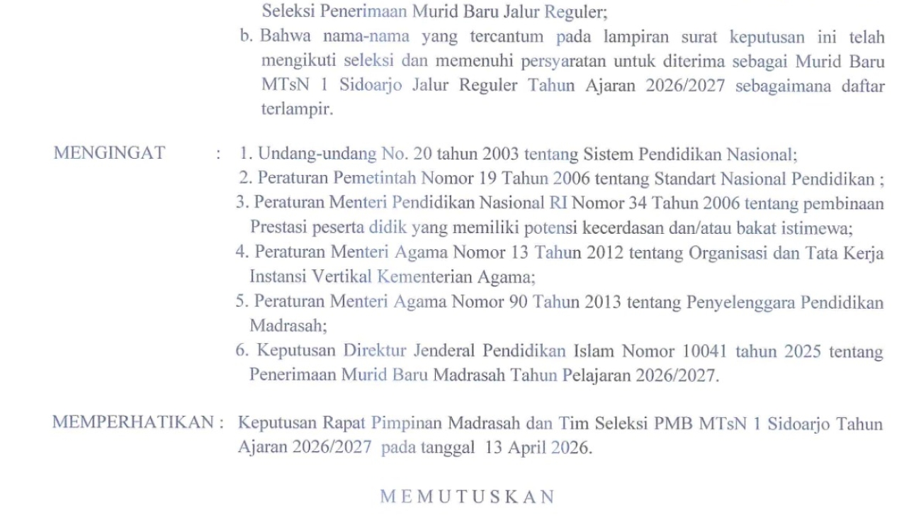 SK Hasil Seleksi PMBM MTsN 1 Sidoarjo Jalur Reguler Tahun Ajaran 2026-2027_1