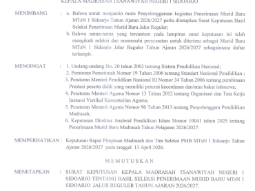 SK Hasil Seleksi PMBM MTsN 1 Sidoarjo Jalur Reguler Tahun Ajaran 2026-2027_1