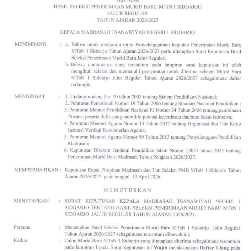 SK Hasil Seleksi PMBM MTsN 1 Sidoarjo Jalur Reguler Tahun Ajaran 2026-2027_1